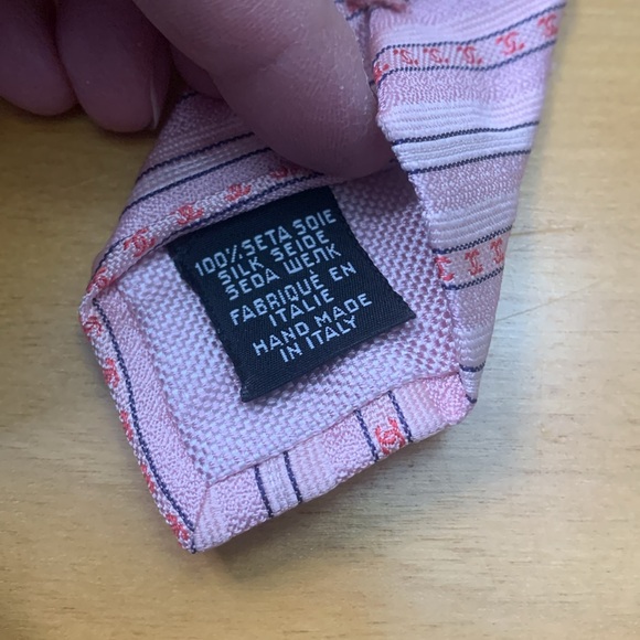 Chanel 100% silk Tie Pink CC logo stripe with Chain 60"L x 3.5"W EUC - Picture 7 of 14